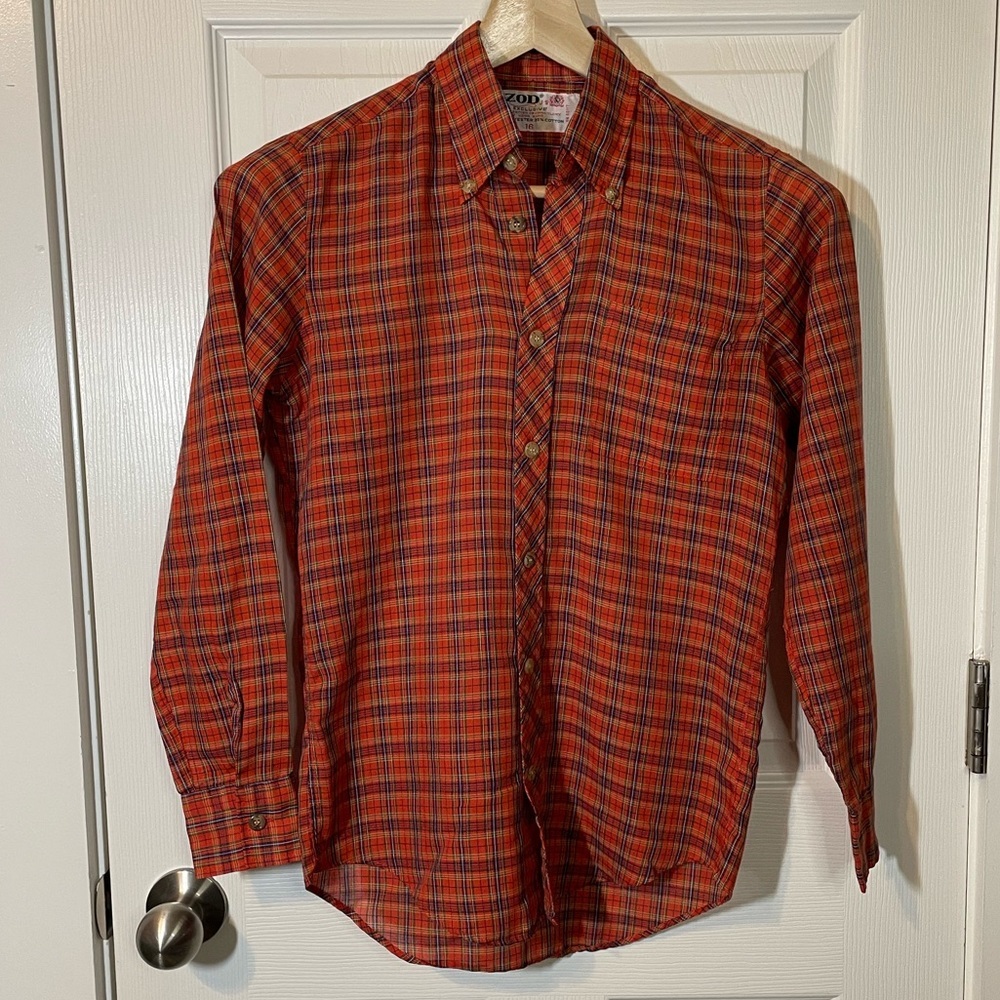 VTG IZOD red / blue lightweight plaid long sleeve button down shirt mens sz 16